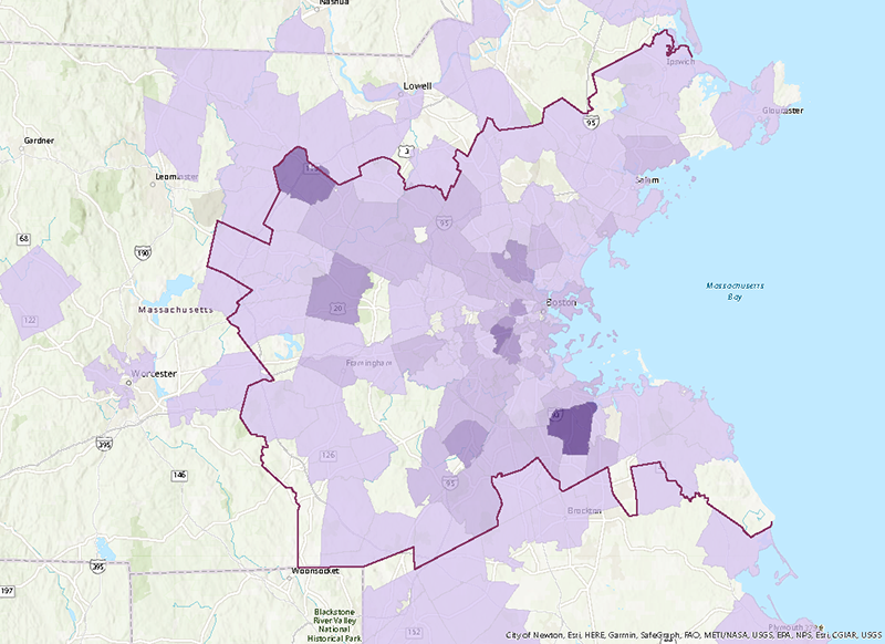 Map depicting the geographic distribution of survey responses (by zip code) for all FFY 2023 surveys. Most responses, including areas with higher concentrations of responses, are within the MPO region, although some survey responses on the map fall outside of the MPO region boundary. The map depicts the highest concentrations of responses (75 to 250) in Braintree, Littleton, Brookline, Sudbury, Norwood, Medford, and Boston, with responses of varied concentrations (up to 75) throughout the region. The map also shows some areas in the region with no responses.